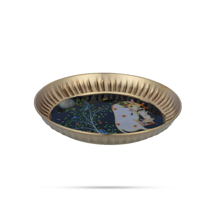 Pichwai Plate - 5 Inches | Cow And Calf Design Brass Plate / Round Shape Plate / Decorative Plate For Serving