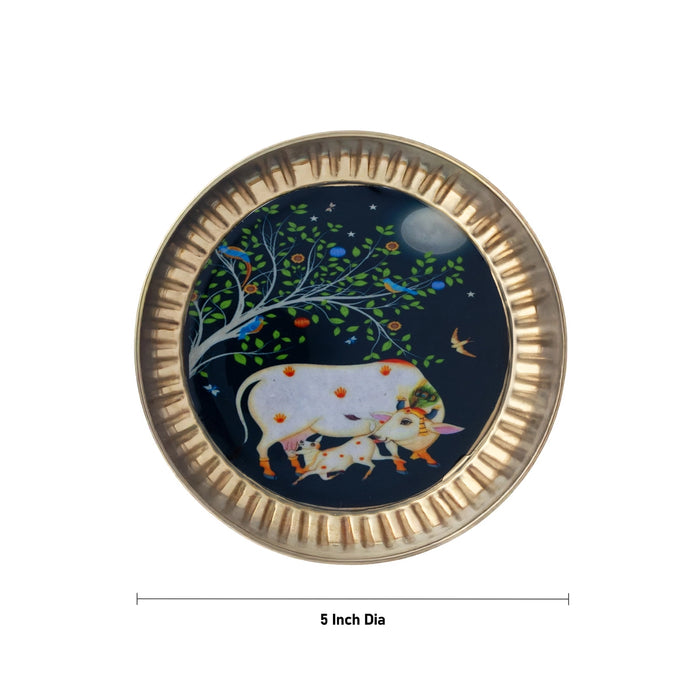 Pichwai Plate - 5 Inches | Cow And Calf Design Brass Plate / Round Shape Plate / Decorative Plate For Serving