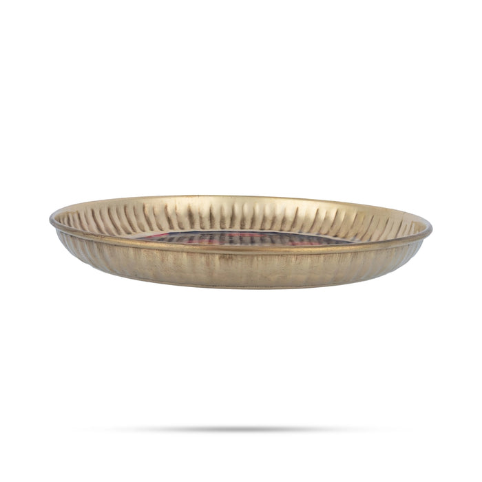 Plate with Pichwai Design Sticker - 7 Inches | Brass Plate / Cow And Calf Design Plate / Serving plate For Pooja