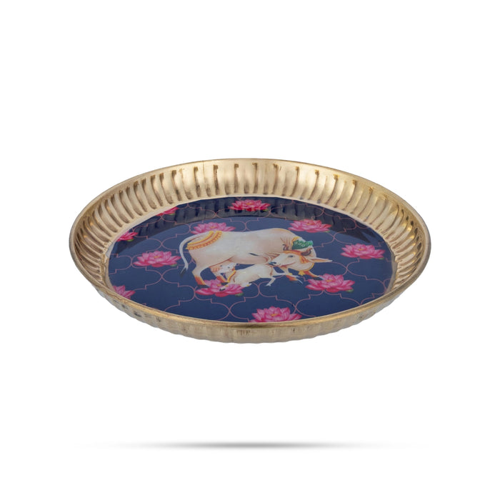 Plate with Pichwai Design Sticker - 7 Inches | Brass Plate / Cow And Calf Design Plate / Serving plate For Pooja