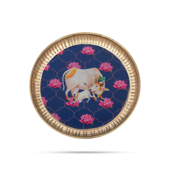Plate with Pichwai Design Sticker - 7 Inches | Brass Plate / Cow And Calf Design Plate / Serving plate For Pooja