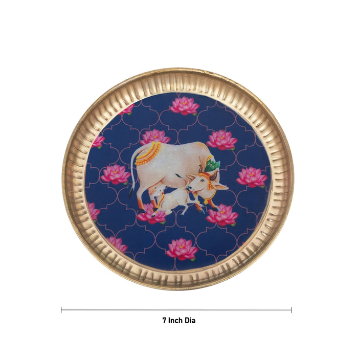 Plate with Pichwai Design Sticker - 7 Inches | Brass Plate / Cow And Calf Design Plate / Serving plate For Pooja