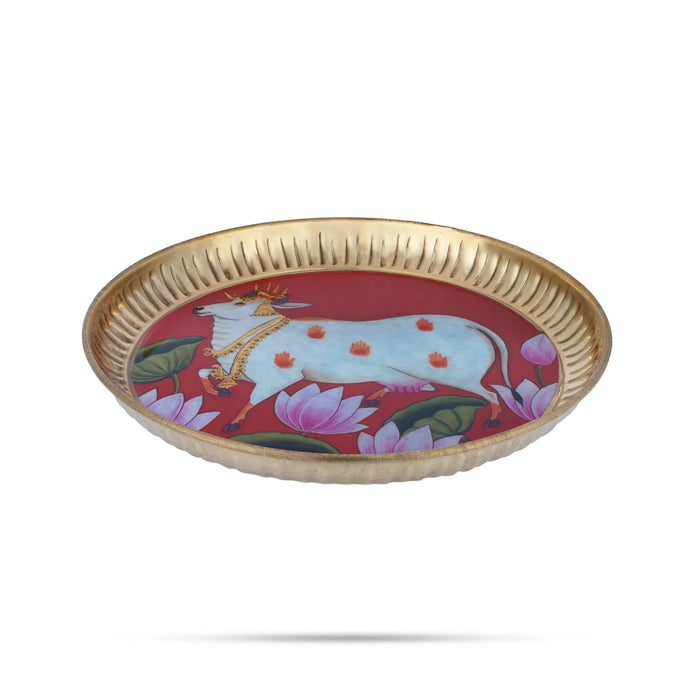 Plate with Pichwai Cow Design Sticker - 7 Inches | Decorative Serving & Display Plate for Home Decor
