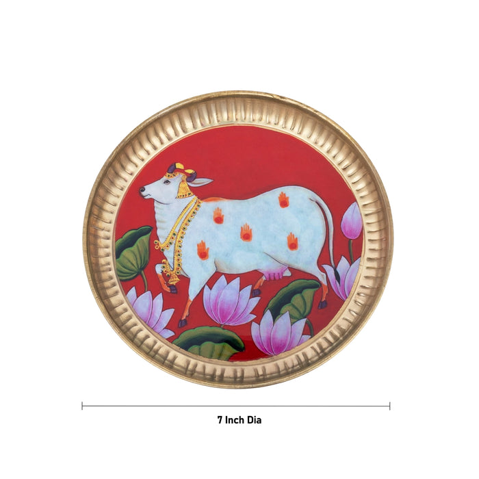 Plate with Pichwai Cow Design Sticker - 7 Inches | Decorative Serving & Display Plate for Home Decor