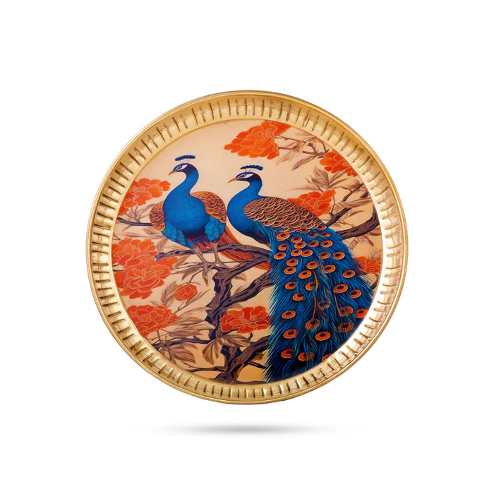 Brass Plate with Pichwai Peacock Design - 8 Inches | Elegant Decorative Plate for Home & Gifting