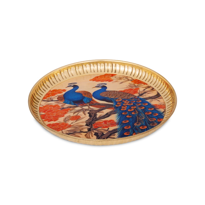 Brass Plate with Pichwai Peacock Design - 8 Inches | Elegant Decorative Plate for Home & Gifting