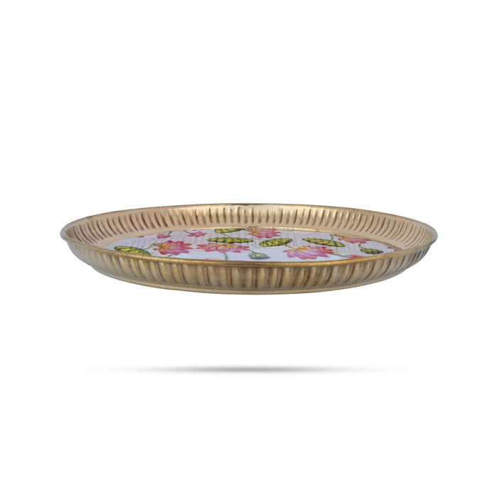 Brass Plate With Floral Design Sticker - 9 Inches | Pichwai Plate/ Serving plate For Pooja