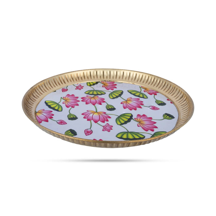 Brass Plate With Floral Design Sticker - 9 Inches | Pichwai Plate/ Serving plate For Pooja