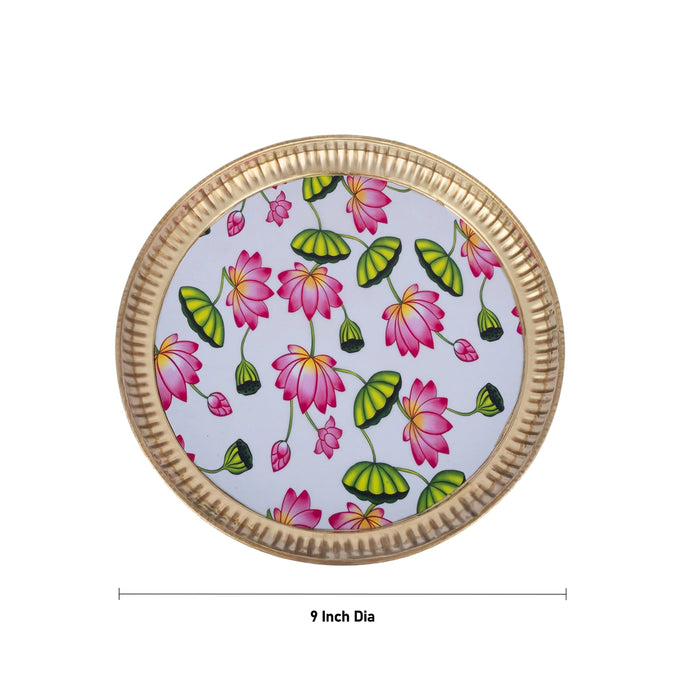 Brass Plate With Floral Design Sticker - 9 Inches | Pichwai Plate/ Serving plate For Pooja