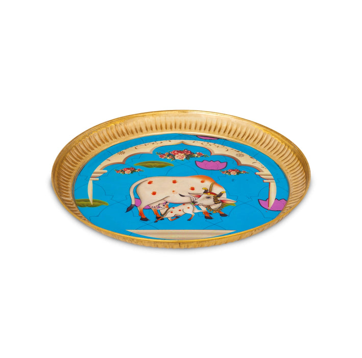 Cow And Calf Design Pichwai Plate - 10 Inches | Round Shape/ Brass Thali Plate/Decorative Plate For Serving