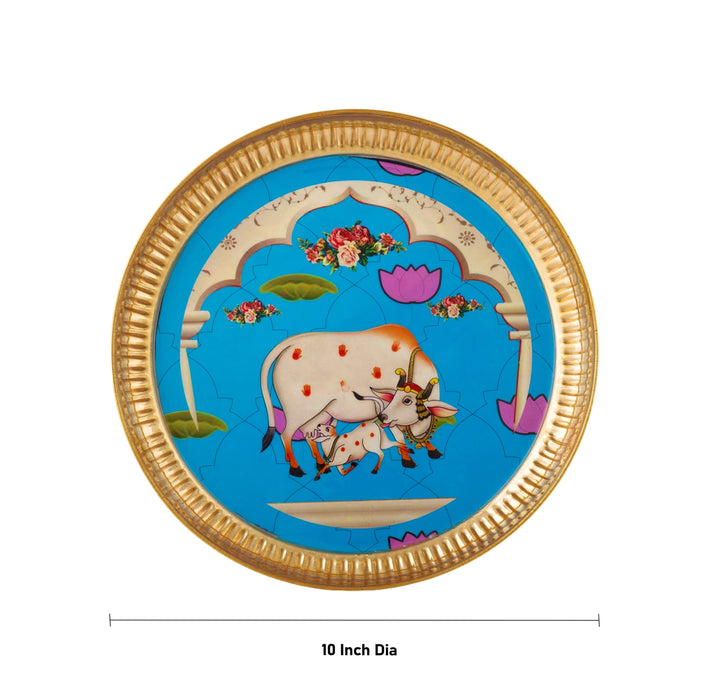 Cow And Calf Design Pichwai Plate - 10 Inches | Round Shape/ Brass Thali Plate/Decorative Plate For Serving