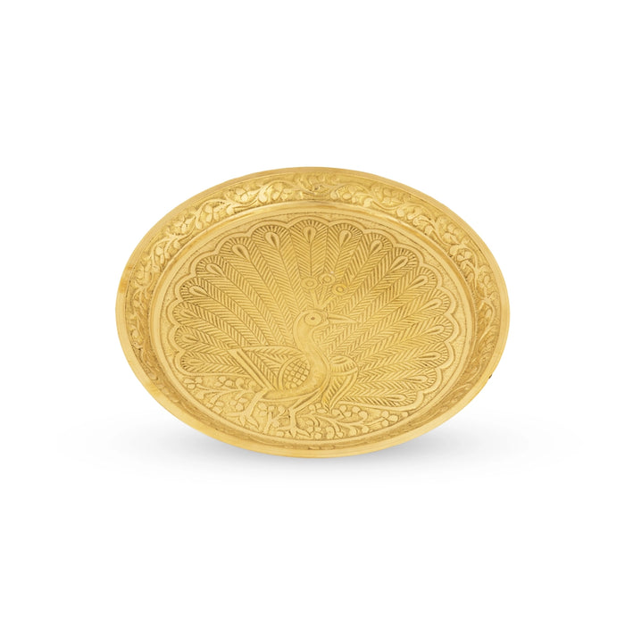Brass Plate - 0.5 x 6.25 Inches | Peacock Design Pin Tray/ Pooja Stand/ Pooja Asan for Deity/ 280 Gms Approx - Pooja Plate & Tray