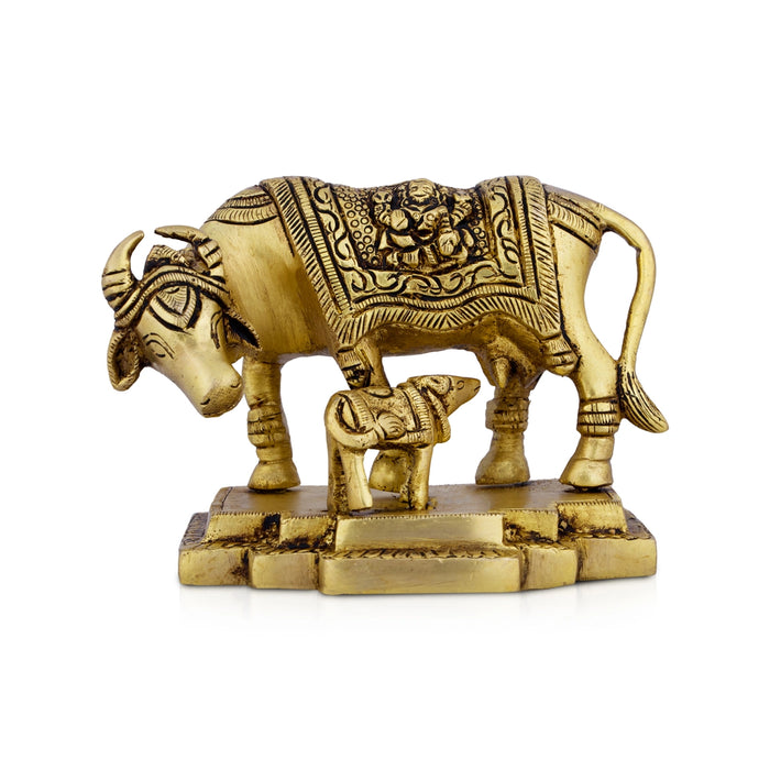 Cow and Calf Idol - 3.5 x 4.5 Inches | Brass Idol/ Kamadhenu Idol/ Kamadhenu Statue for Home/ 1.010 Kgs Approx - Table Stand Accessories