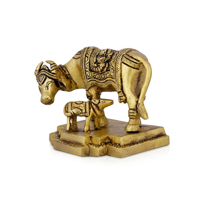 Cow and Calf Idol - 3.5 x 4.5 Inches | Brass Idol/ Kamadhenu Idol/ Kamadhenu Statue for Home/ 1.010 Kgs Approx - Table Stand Accessories