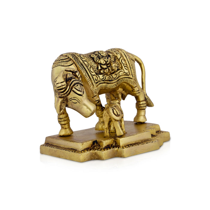 Cow and Calf Idol - 3.5 x 4.5 Inches | Brass Idol/ Kamadhenu Idol/ Kamadhenu Statue for Home/ 1.010 Kgs Approx - Table Stand Accessories
