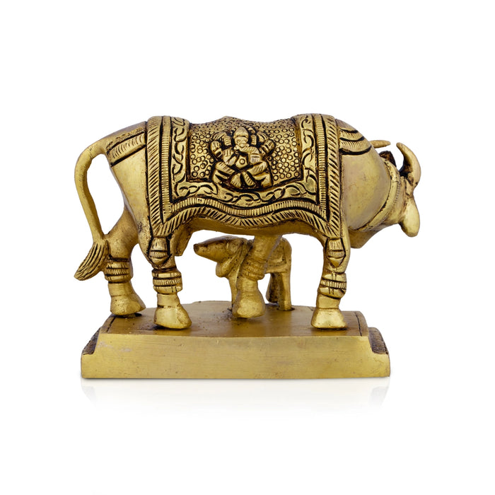 Cow and Calf Idol - 3.5 x 4.5 Inches | Brass Idol/ Kamadhenu Idol/ Kamadhenu Statue for Home/ 1.010 Kgs Approx - Table Stand Accessories