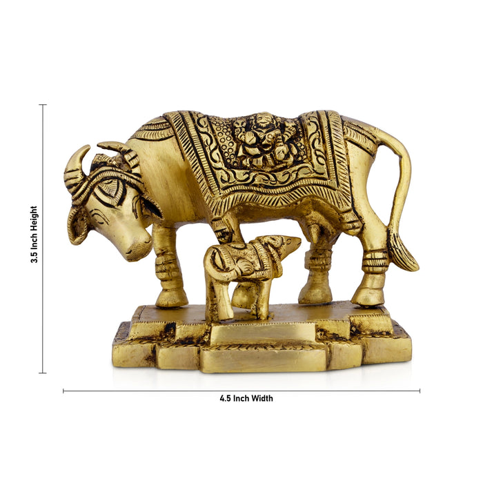 Cow and Calf Idol - 3.5 x 4.5 Inches | Brass Idol/ Kamadhenu Idol/ Kamadhenu Statue for Home/ 1.010 Kgs Approx - Table Stand Accessories