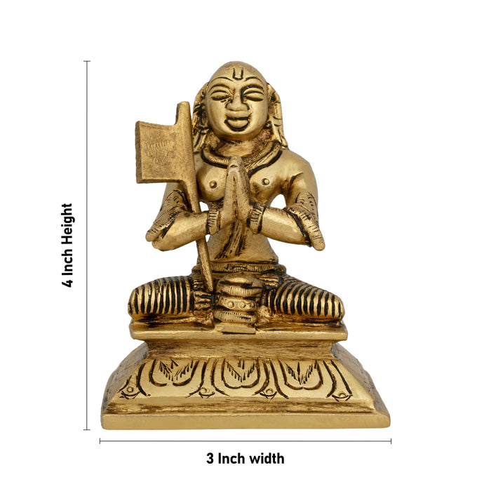 Ramanujar Statue Sitting On Base - 4 x 3 Inches | Antique Brass Idol/ Ramanujar Idol for Pooja - Brass Murties