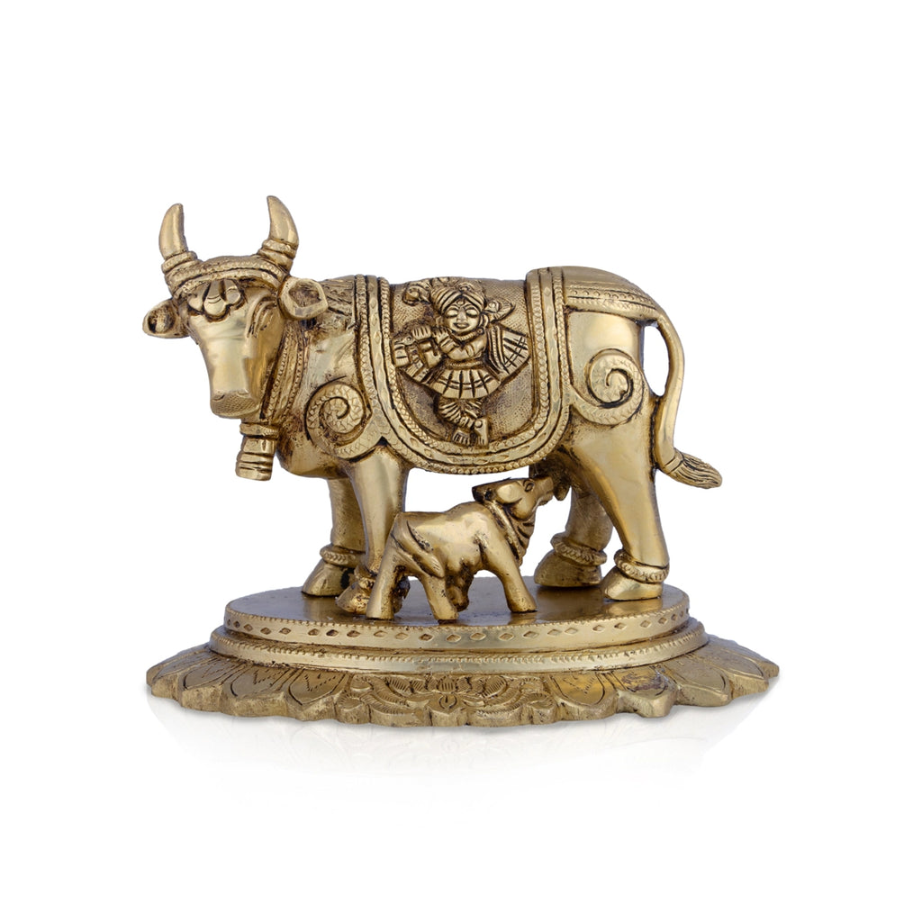 Cow And Calf Idol - 5 x 6 Inches | Brass Idol/ Kamadhenu Statue for Pooja/ 2.100 Kgs Approx