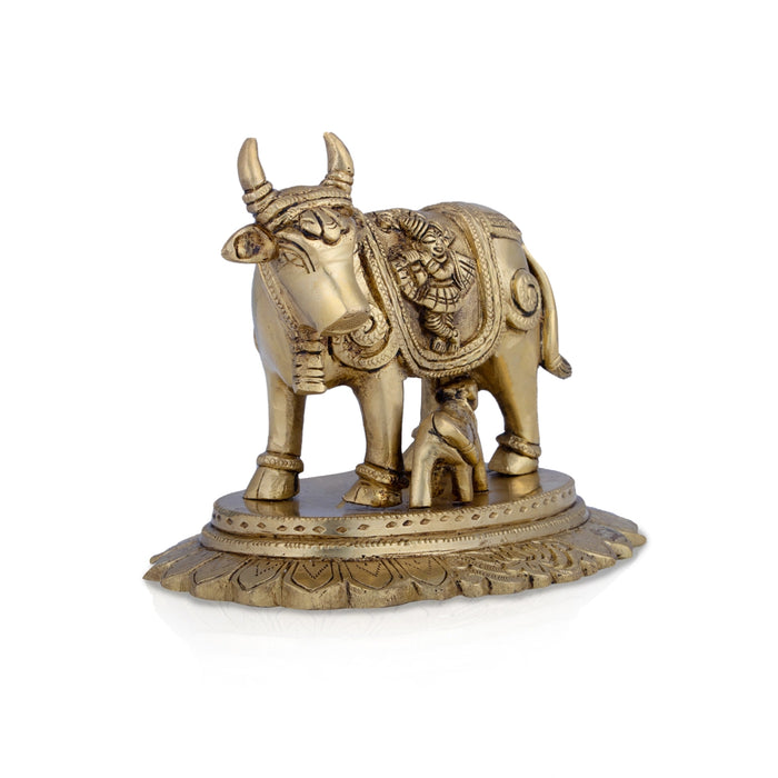 Cow And Calf Idol - 5 x 6 Inches | Brass Idol/ Kamadhenu Statue for Pooja/ 2.100 Kgs Approx