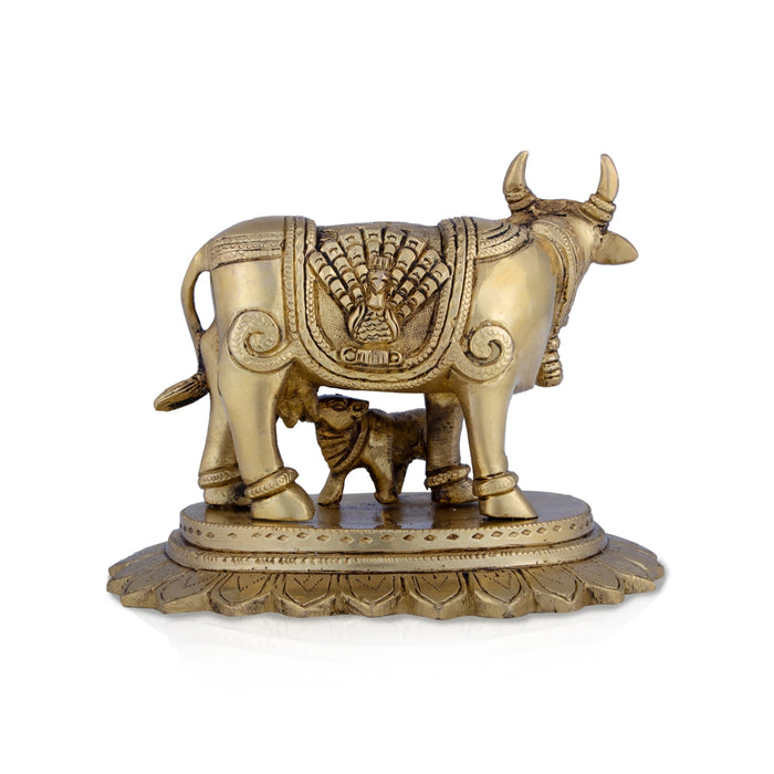 Cow And Calf Idol - 5 x 6 Inches | Brass Idol/ Kamadhenu Statue for Pooja/ 2.100 Kgs Approx