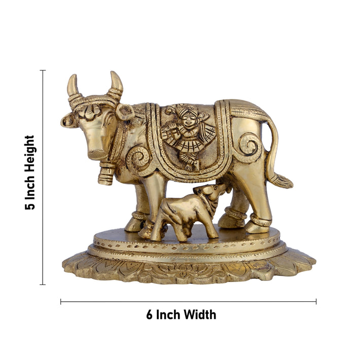 Cow And Calf Idol - 5 x 6 Inches | Brass Idol/ Kamadhenu Statue for Pooja/ 2.100 Kgs Approx