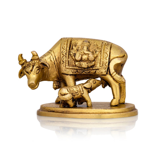 Cow With Calf Idol With Base - 2 x 3.5 Inches | Antique Brass Idol/ Cow Calf Idol for Pooja/ 350 Gms Approx - Table Stand Accessories