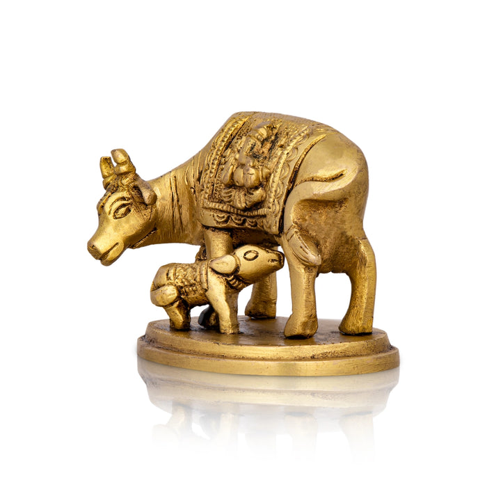 Cow With Calf Idol With Base - 2 x 3.5 Inches | Antique Brass Idol/ Cow Calf Idol for Pooja/ 350 Gms Approx - Table Stand Accessories