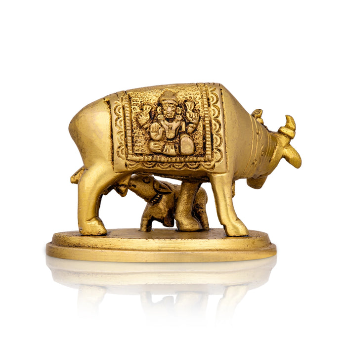 Cow With Calf Idol With Base - 2 x 3.5 Inches | Antique Brass Idol/ Cow Calf Idol for Pooja/ 350 Gms Approx - Table Stand Accessories