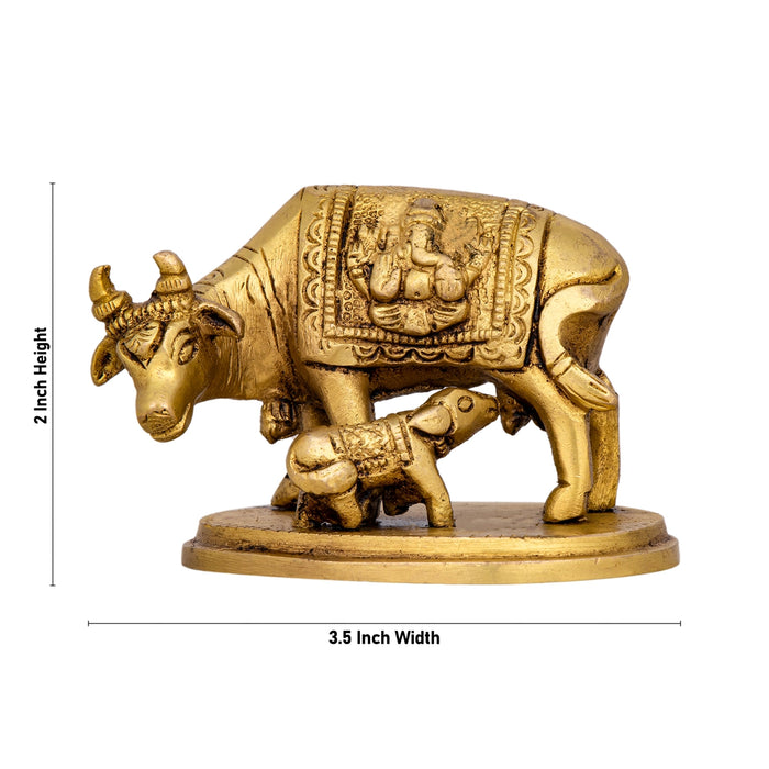 Cow With Calf Idol With Base - 2 x 3.5 Inches | Antique Brass Idol/ Cow Calf Idol for Pooja/ 350 Gms Approx - Table Stand Accessories