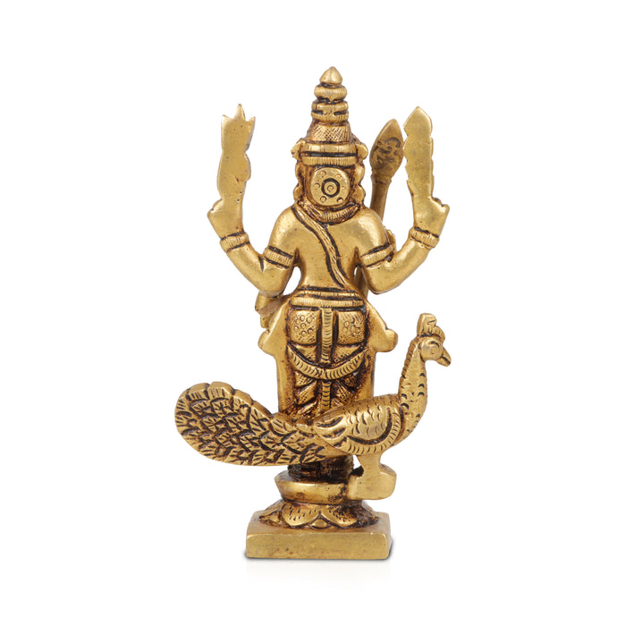 Murugan Statue  - 5 x 2.5  Inches 440 Gms |  Antique Brass Statue/ Murugan with Peacock Idol/ Murugan Silai for Pooja - Brass Murties