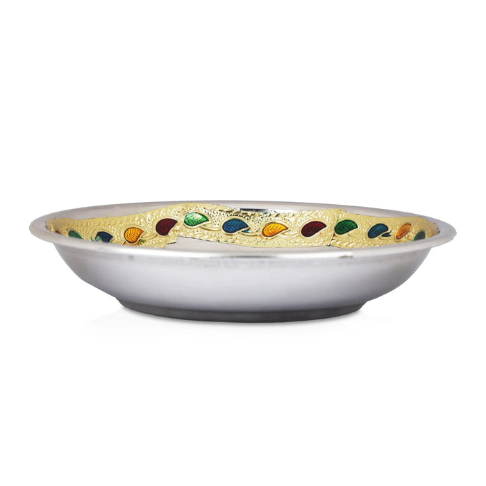 Stainless Steel Plate - 5 Inches | Thali Plate/ Meenakari Pooja Plate for Home/ 80 Gms Approx - Pooja Plate & Tray