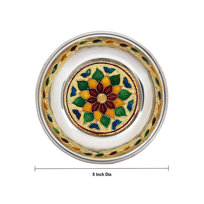 Stainless Steel Plate - 5 Inches | Thali Plate/ Meenakari Pooja Plate for Home/ 80 Gms Approx - Pooja Plate & Tray