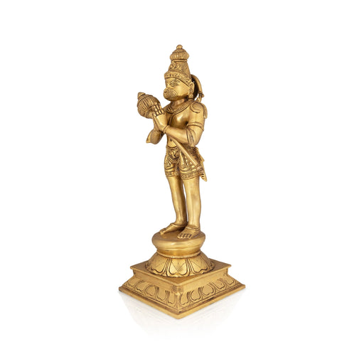 Hanuman Standing With Kadhai On Base Murti - 16 X 6 Inches | Antique Brass Idol / Anjaneya Statue For Pooja - Brass Murties