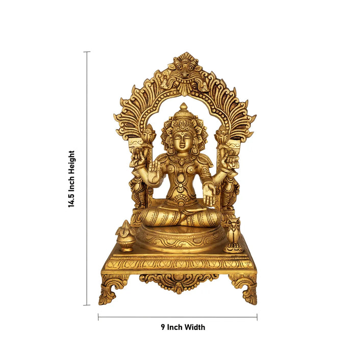 Lakshmi Sitting On Chowki Murti - 14.5 inches | Antique Brass Idol/ Laxmi Devi with arch idol/ MahaLakshmi Statue For pooja room - Brass Murties