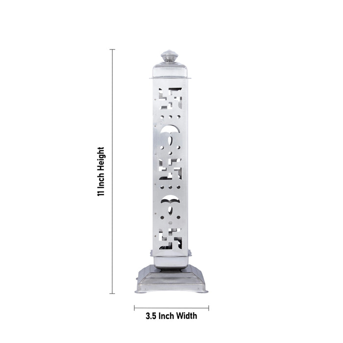 Agarbathi Stand With Base - 11 x 3.5 Inches | Swastic Pipe Design Steel Incense Stick Holder With Lid for Pooja - Agarbathi Stand