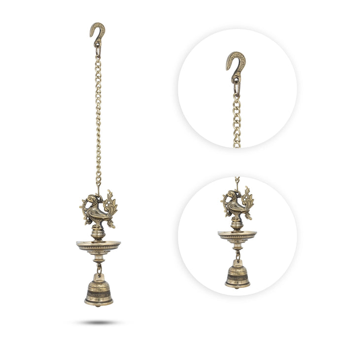 Hanging Lamp with Bell - 8 x 3 Inches | Peacock Design Antique Brass Diya with Chain for Pooja/ 1.065 Kgs Approx - Hanging Lamp