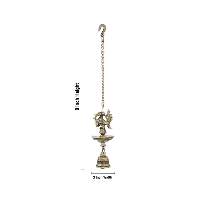 Hanging Lamp with Bell - 8 x 3 Inches | Peacock Design Antique Brass Diya with Chain for Pooja/ 1.065 Kgs Approx - Hanging Lamp