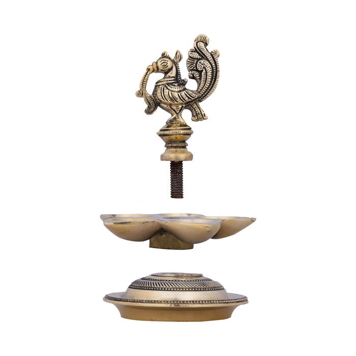 Mor Deepak - 5 x 3.5 Inches | 5 Face Vilakku/ Antique Brass Lamp for Pooja/ 490 Gms Approx - 5 Faced lamp