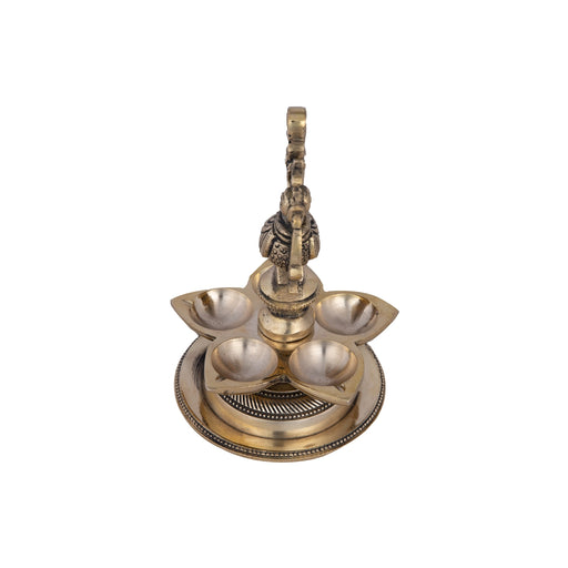 Mor Deepak - 5 x 3.5 Inches | 5 Face Vilakku/ Antique Brass Lamp for Pooja/ 490 Gms Approx - 5 Faced lamp