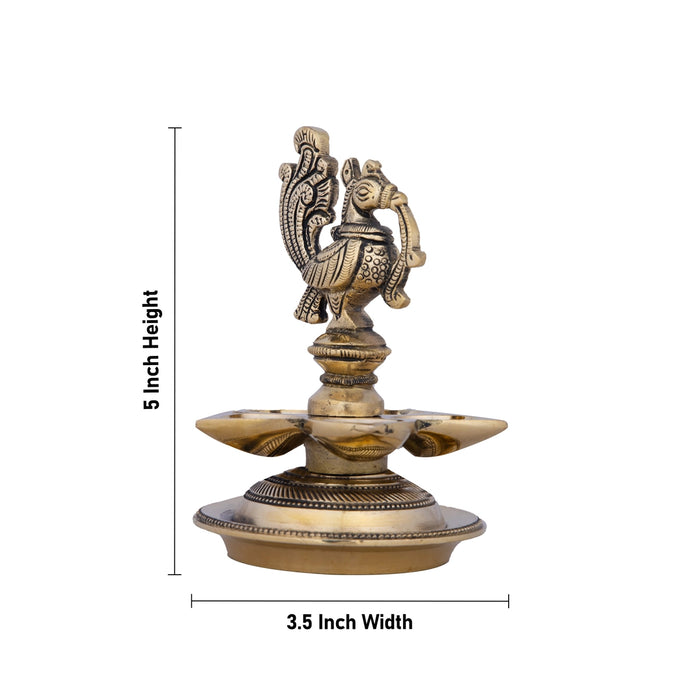 Mor Deepak - 5 x 3.5 Inches | 5 Face Vilakku/ Antique Brass Lamp for Pooja/ 490 Gms Approx - 5 Faced lamp
