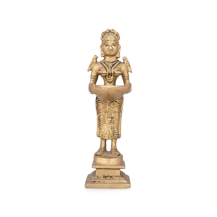 Standing Lady Deepam - 5 x 3 Inches | Antique Brass Vilakku/ Brass Lamp for Pooja/ 250 Gms Approx - Paavai Vilakku / Lady With A Lamp