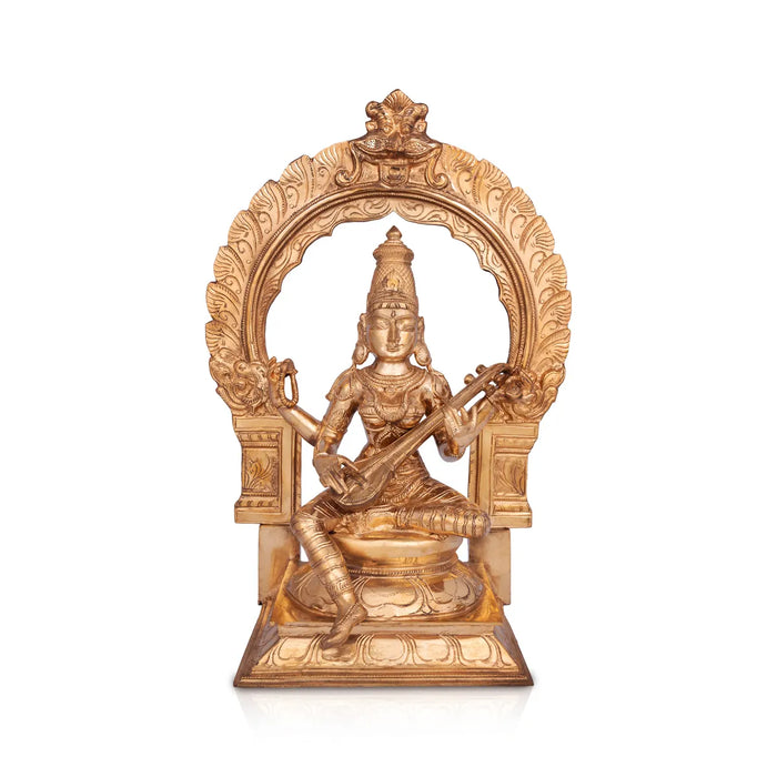 Saraswati sitting on Base Murti - 15 x 11 inches | Panchaloha Idol / Vagdevi with arch Statue for pooja - Panchaloha Murties