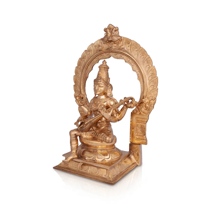 Saraswati sitting on Base Murti - 15 x 11 inches | Panchaloha Idol / Vagdevi with arch Statue for pooja - Panchaloha Murties