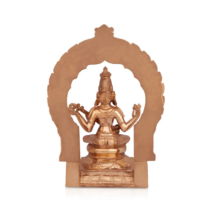 Saraswati sitting on Base Murti - 15 x 11 inches | Panchaloha Idol / Vagdevi with arch Statue for pooja - Panchaloha Murties