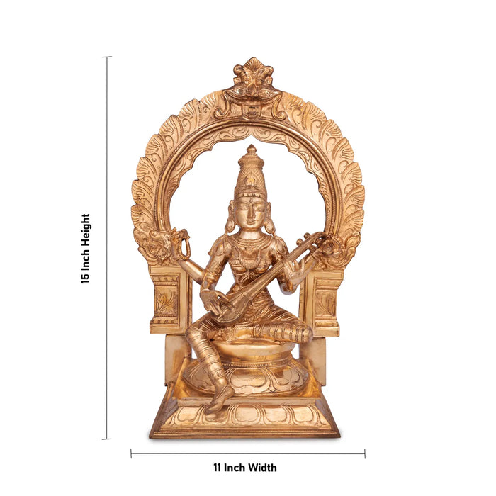 Saraswati sitting on Base Murti - 15 x 11 inches | Panchaloha Idol / Vagdevi with arch Statue for pooja - Panchaloha Murties