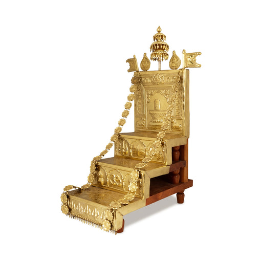 Wooden 3 Step Prabhavali - 19 x 7 Inches | Brass sheet Prabhavali / Deity Decor - Temple Decoration