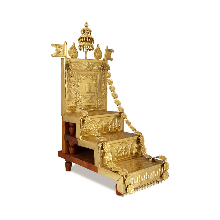 Wooden 3 Step Prabhavali - 19 x 7 Inches | Brass sheet Prabhavali / Deity Decor - Temple Decoration
