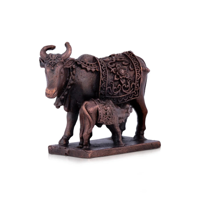 Cow and Calf Idol - 1.5 x 2 Inches | Copper Idol/ Kamadhenu Statue for Pooja/ 85 Gms Approx