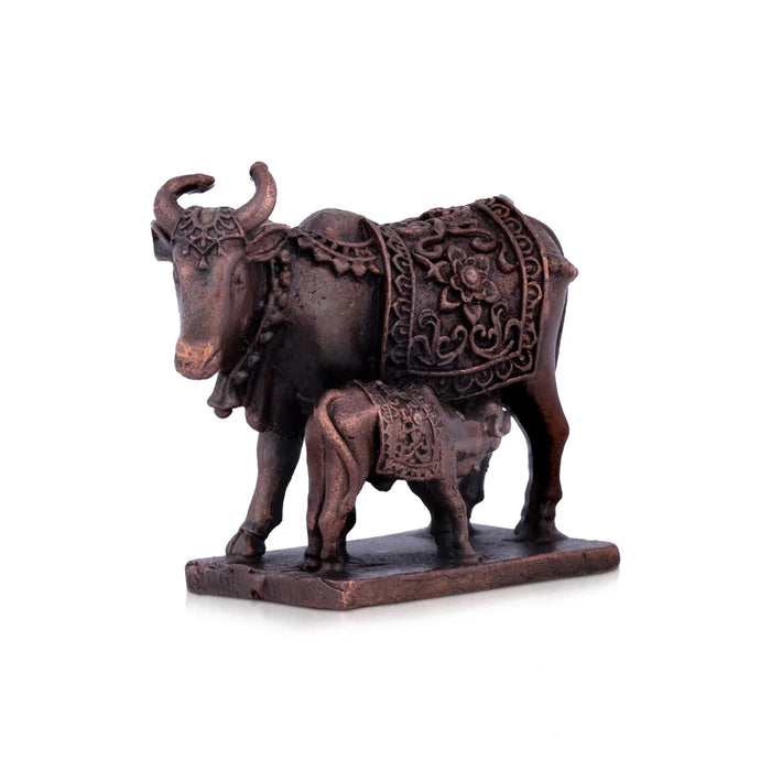 Cow and Calf Idol - 1.5 x 2 Inches | Copper Idol/ Kamadhenu Statue for Pooja/ 85 Gms Approx - Table Stand Accessories